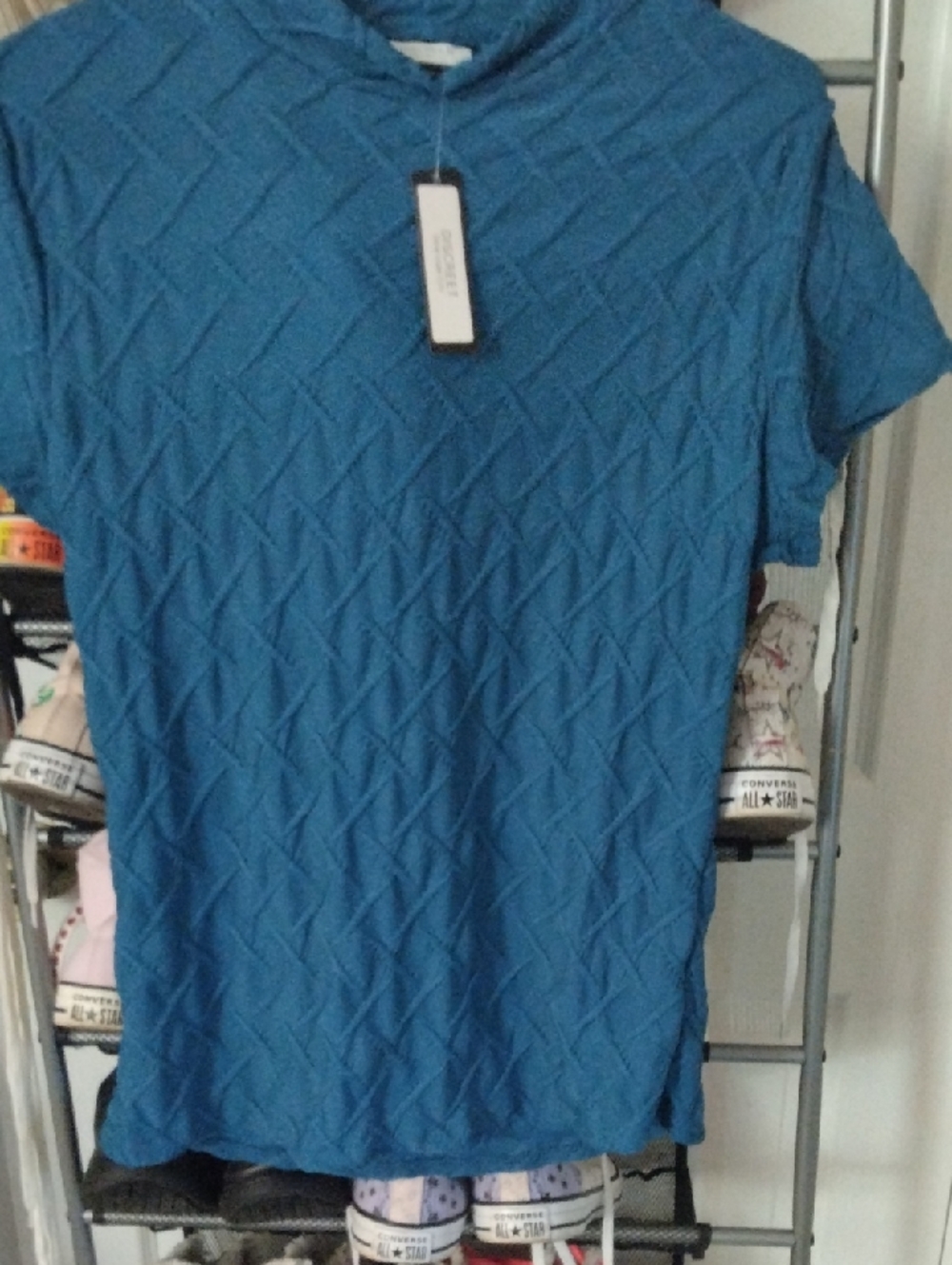 Discreet Blue Textured Short Sleeve Top
